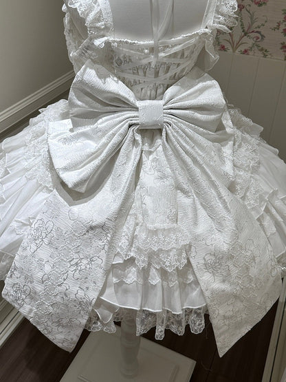 White Blue Pink Lolita Jacquard Back Bow - White Sugar Girl
