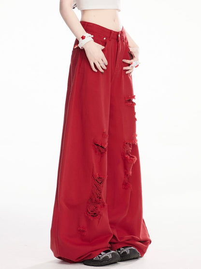 Wide-Leg Jeans Red Low Waist Distressed Holes