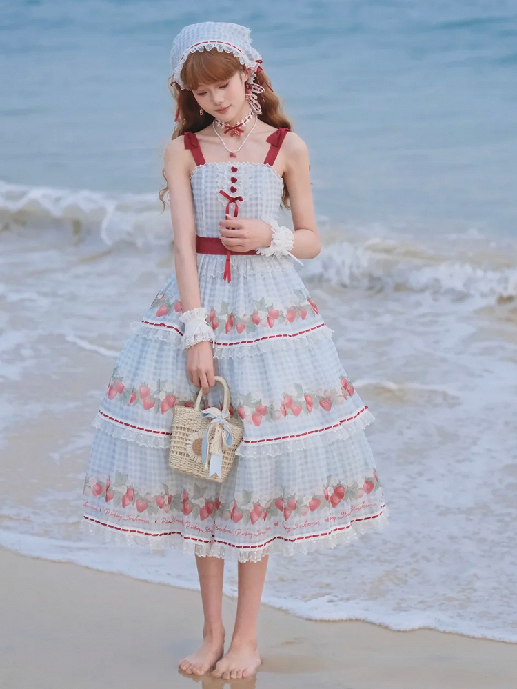 Strawberry Print Blue Lolita Gingham Dress Sweet Summer Lolita Jumper Skirt