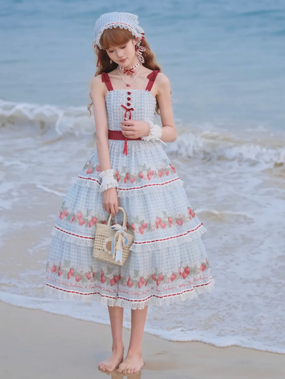 Strawberry Print Blue Lolita Gingham Dress Sweet Summer Lolita Jumper Skirt
