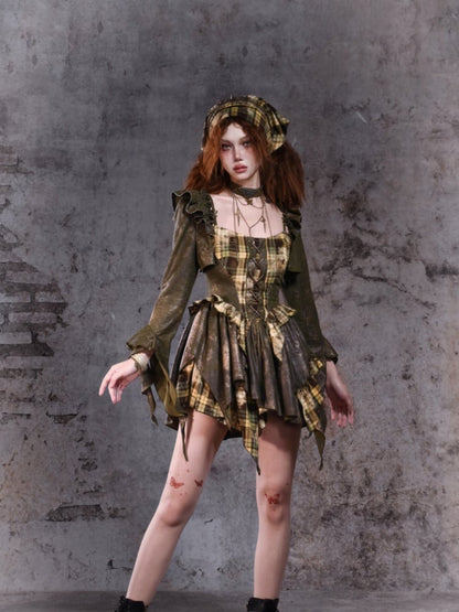 Green Plaid Handkerchief Hem Cami Dress with Lace-up Detail at Front