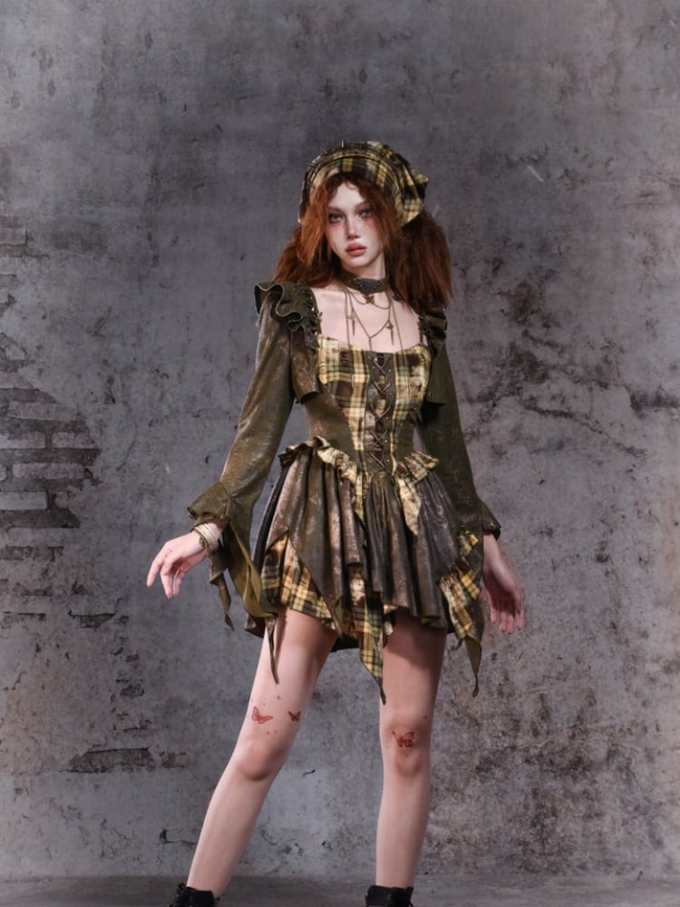 Green Asymmetrical Ruffled Cuff Shrug with Flutter Sleeve Detail
