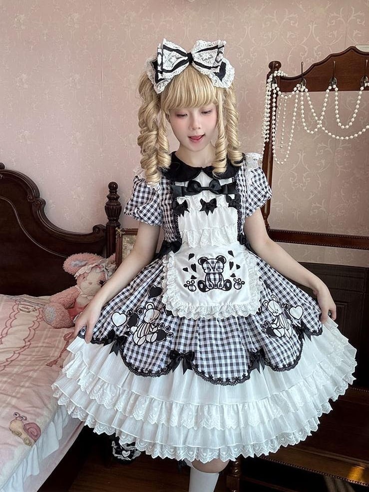 Sleeves Black  White Plaid Bear Lolita Dress Skirt Puff Tiered Embroidery OP