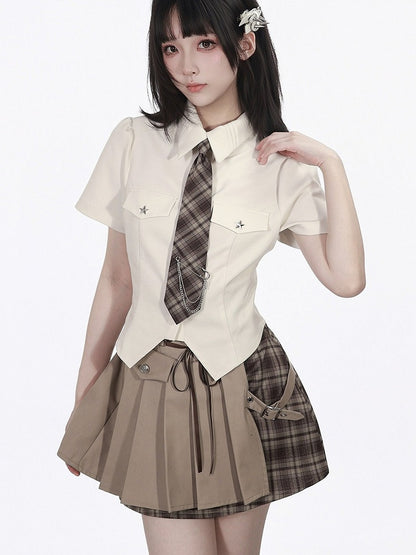 Beige Fitted Short Sleeve Shirt - PINK SAVIOR