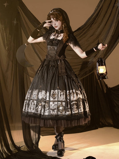 Gothic Lolita with Two-pieces Dress Detachable Tarot Hood Fake Card Print