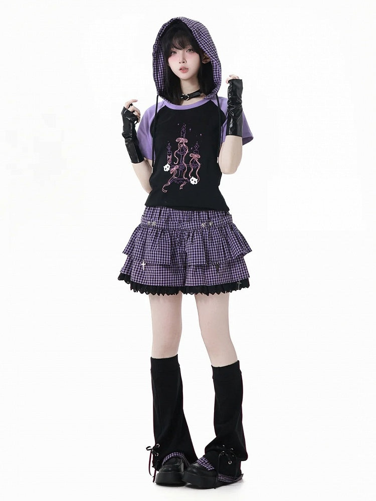 レッグウォーマー パープルチェック柄裾 ブラックレースアップディテール