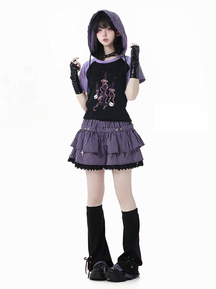 Plaid Hood Graphic T-Shirt Black  Purple Colorblock Design