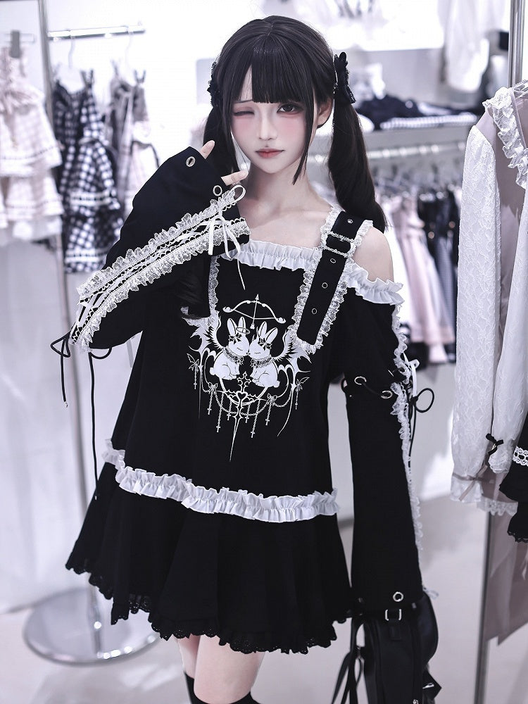 Bunny Print Black Off-Shoulder Long-Sleeve Jirai Kei T-Shirt Dress with Ruffles - Ekomi