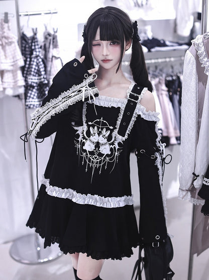 Bunny Print Black Off-Shoulder Long-Sleeve Jirai Kei T-Shirt Dress with Ruffles - Ekomi