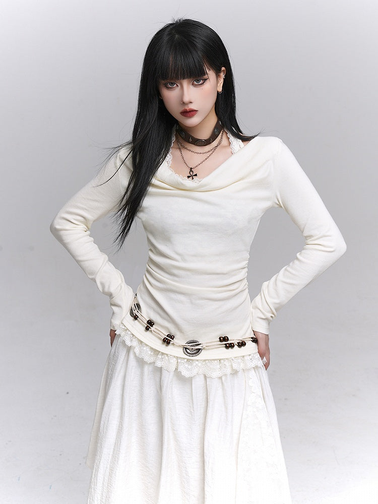 Halter Two-Piece Apricot with Lace Trim Light Faux Gothic Off-shoulder Top