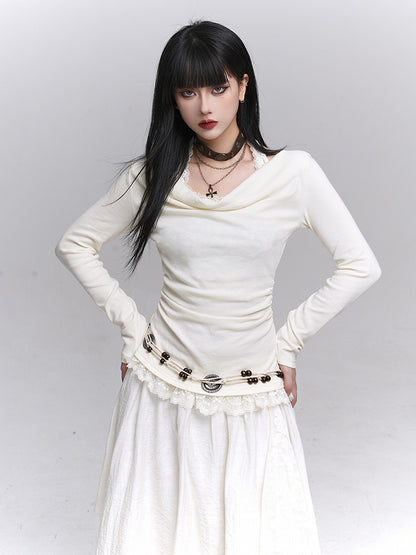 Halter Two-Piece Apricot with Lace Trim Light Faux Gothic Off-shoulder Top