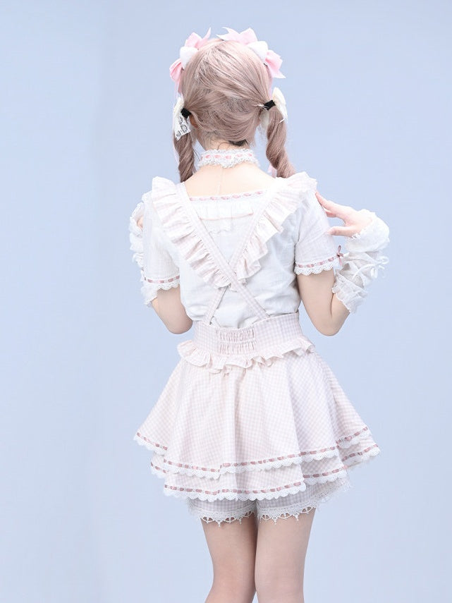 Pink Gingham Ryousangata Overall Skort with Bow Lace Details - Broken Bear