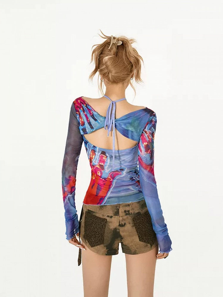 Red Blue Halter Neck Long Sleeve Top with Cut-Outs