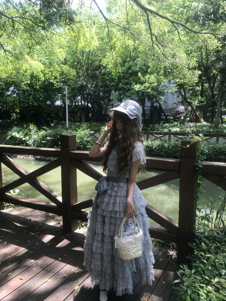 Elegant Waist + Cotton Skirt Tulle Lolita Vest Set Multi-layered Mesh Classic Gray Belt Dotted -