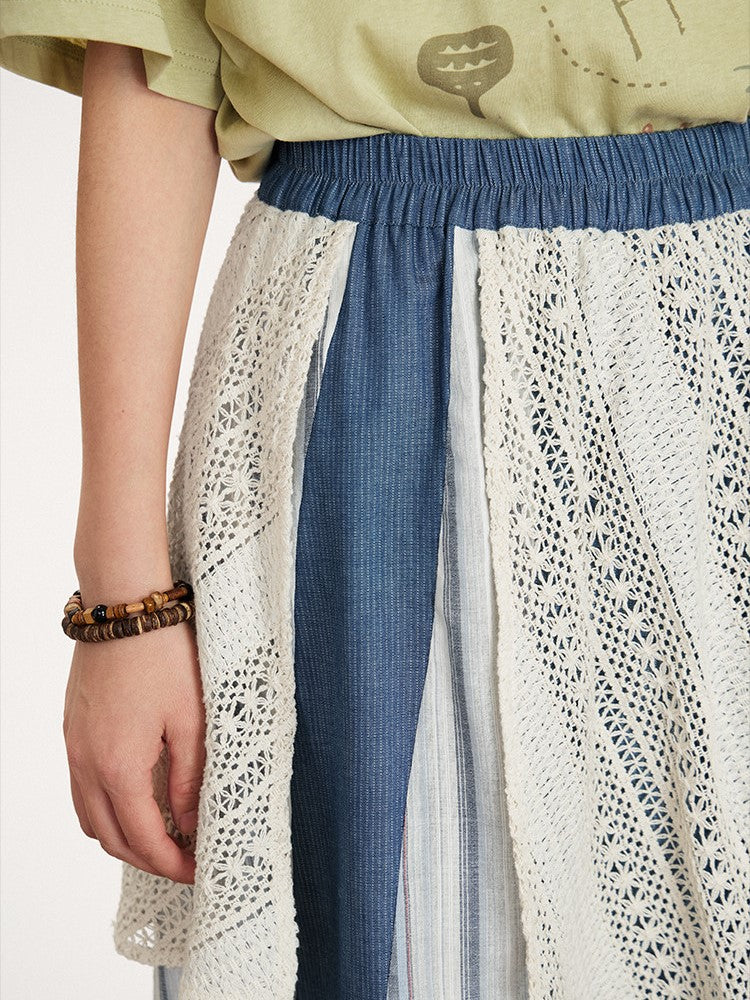 Vintage Design Waist Asymmetrical Lace Patch Skirt Elastic