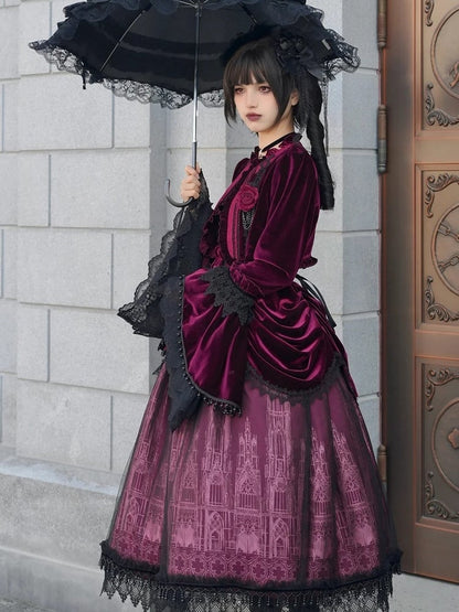 Burgundy Placket Top Velvet Gothic Lolita Cropped Ouji Ruffled