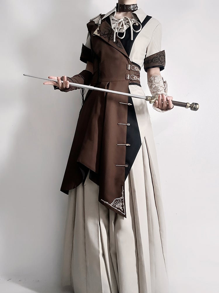 Straight-leg Short Pieces Steampunk Three - Sleeves + Pants Waistcoat Ouji Long Set One-shoulder Shirt Lolita