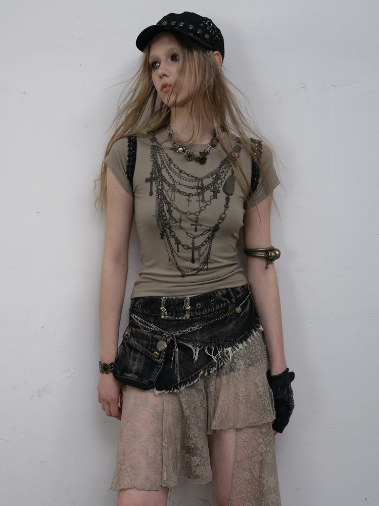 T-shirt Greyish with Cross Print Black Accents Punk Necklace Reversible Green Lace