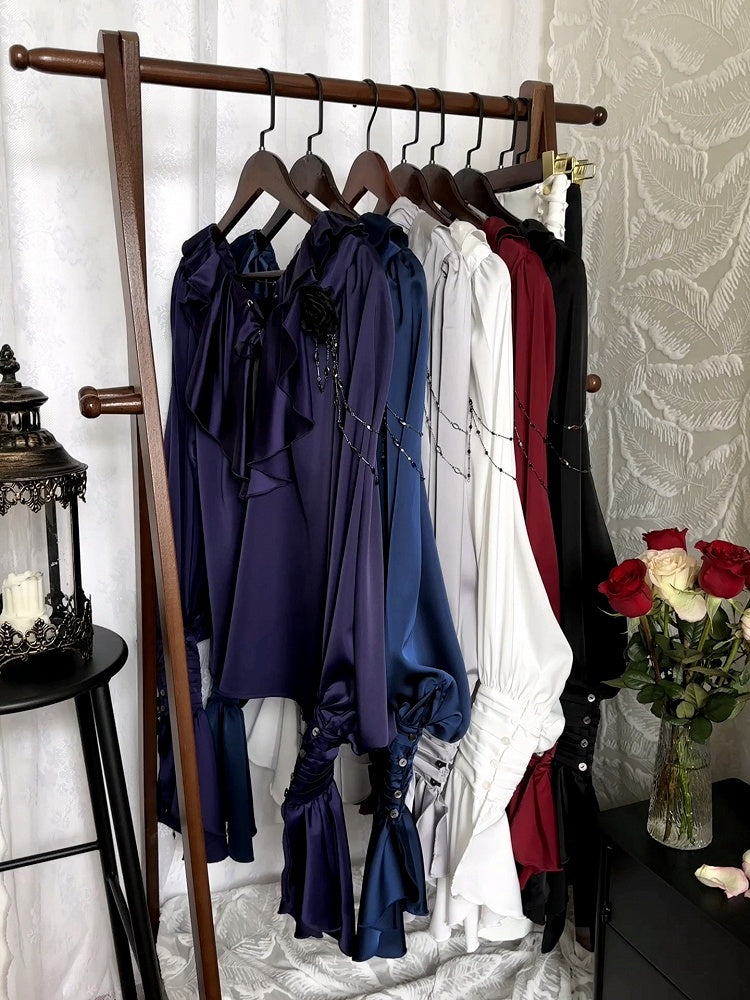 Lilac Lace-Up Ruffle Shirt with Black Flower Chains - Shi Zhi Mao