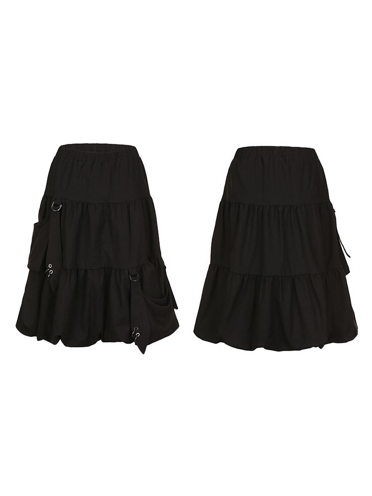 Skirt Hooked Black Plus Elastic Bubble with Knee-Length Waist Size Pockets