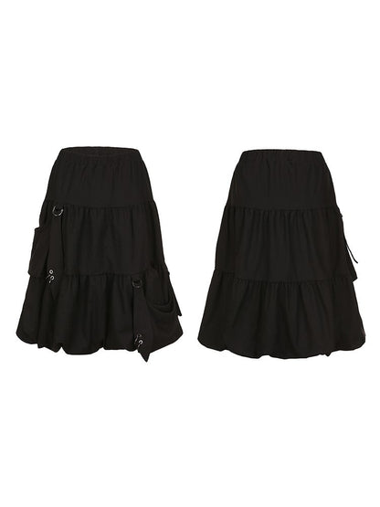Skirt Hooked Black Plus Elastic Bubble with Knee-Length Waist Size Pockets