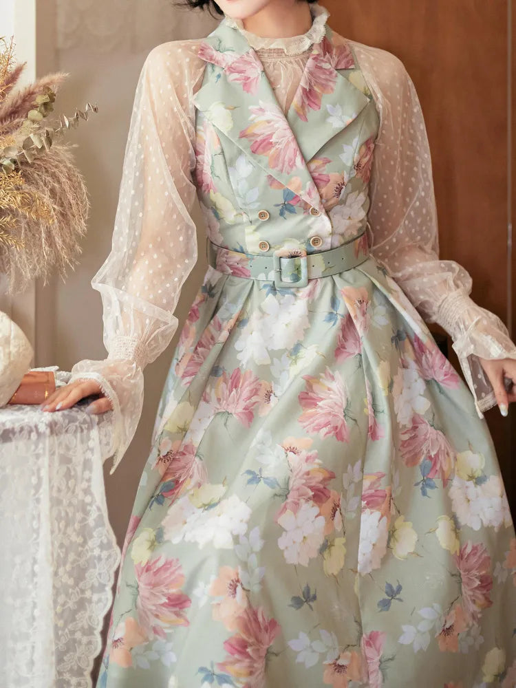 ファッションフローラルドレスブレザーレトロプリントカラーグリーン夏1950年代