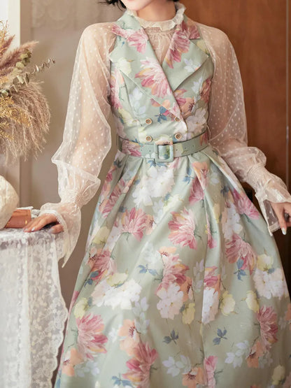 ファッションフローラルドレスブレザーレトロプリントカラーグリーン夏1950年代