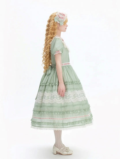 Green Puff Sleeve Lace Trim Elegant Lolita Gown - Pumpkin Planet