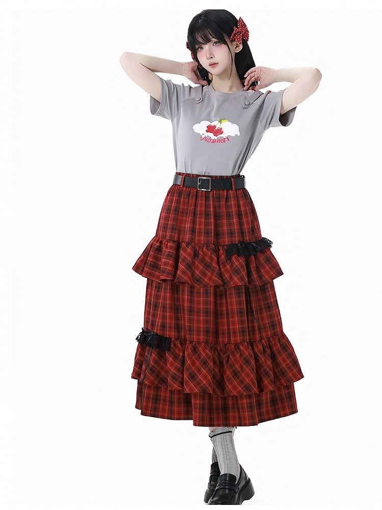 Round Neck Gray Cherry Print T-Shirt