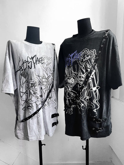 Anime Tie Strap Detachable Dye Decor Black/White T-Shirt with Print Girl Leather