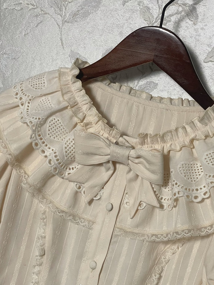 Short Sleeves Ruffle Beige Neckline Blouse Puff