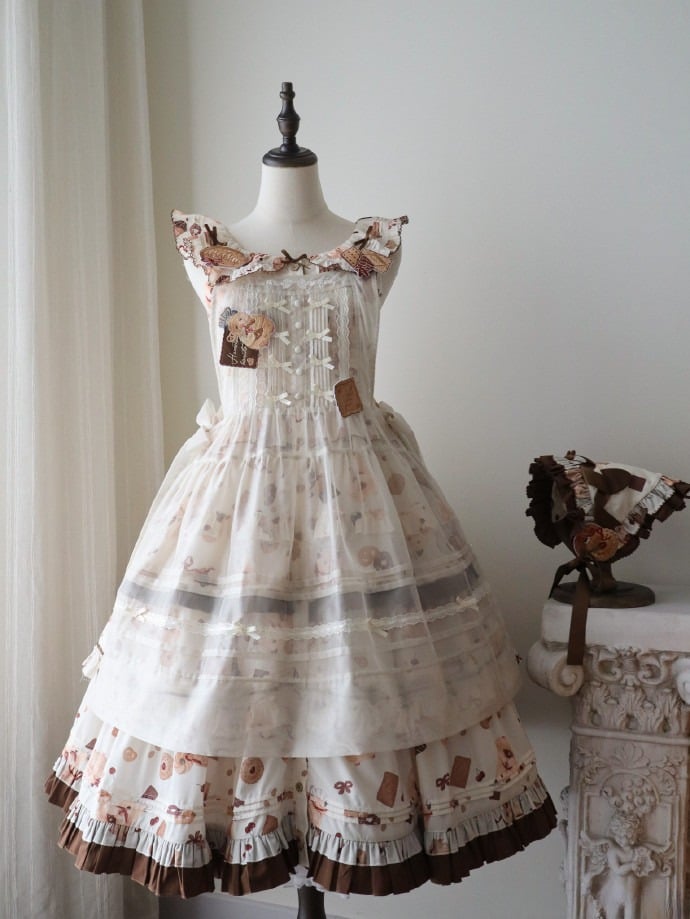 Hamster Dress Cookie Brown Triangular and Apron Headscarf Lolita Sweet Yellow Print Full Set + Brooches