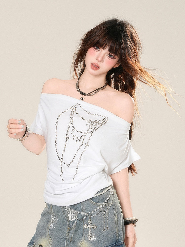 White Off-the-shoulder Neckline Beaded Chain Print T-Shirt