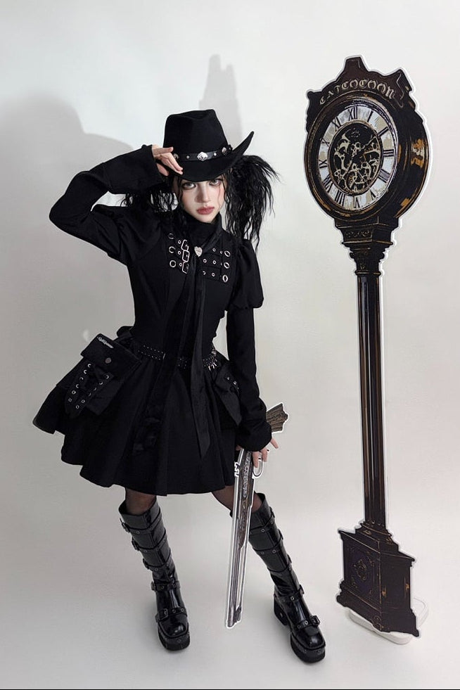 Steampunk Brown x Gothic Black Mode Buckle High Collar Puff Sleeve Doll Dress