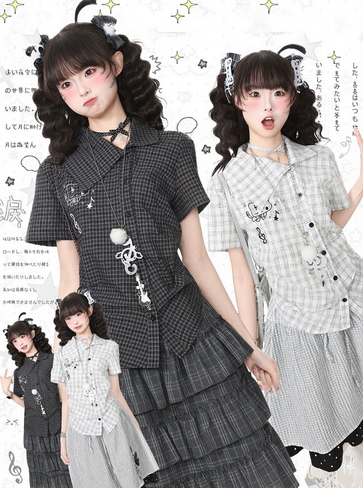 Black Asymmetrical Short Sleeve Top with Kitty Embroidery - Languid Park