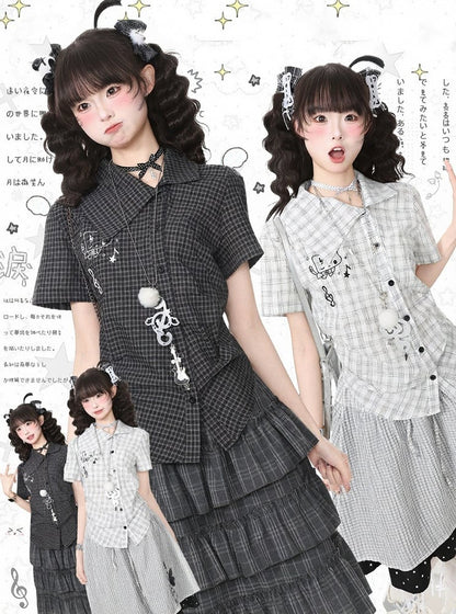 Black Asymmetrical Short Sleeve Top with Kitty Embroidery - Languid Park