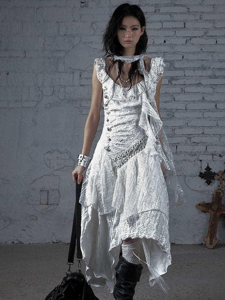 Punk Handkerchief Wasteland White Hem Lace-up Sleeveless Design Dress