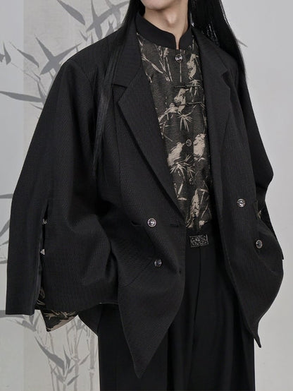 Chinese Placket Cuff Blazer Sleeve Style Black Button in Vents Breasted Double