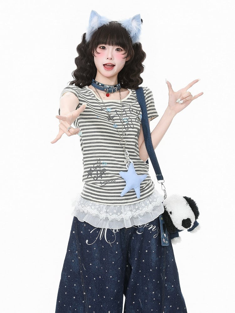 Striped Gray & Kitty Print Lace-Trimmed Blouse - Languid Park