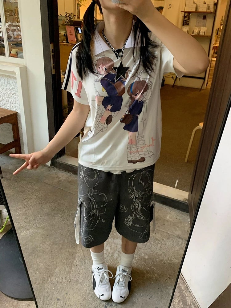 Polo and Cartoon Contrast Shirt Graphic with Stripes White