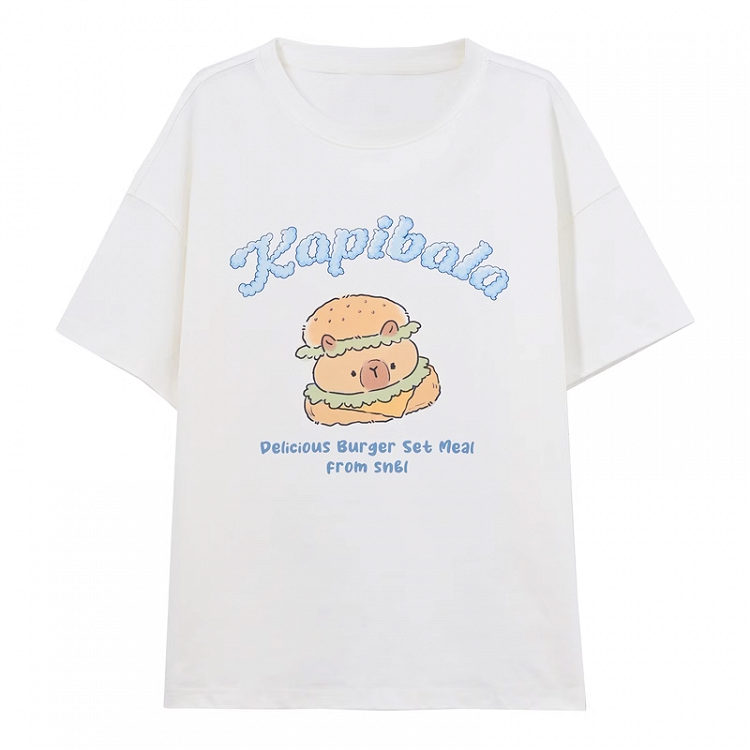 Neck White Round Long Capybara Burger Print T-Shirt Version