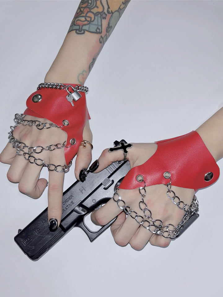Y2K Decorated Black/White/Red/Silver And Lock Punk Chain PU