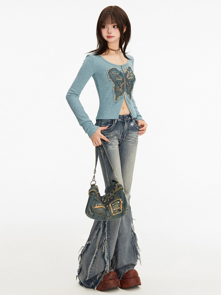 with Raw Slimming Seams Blue Side Jeans Hem Flare Fit Floor-Length