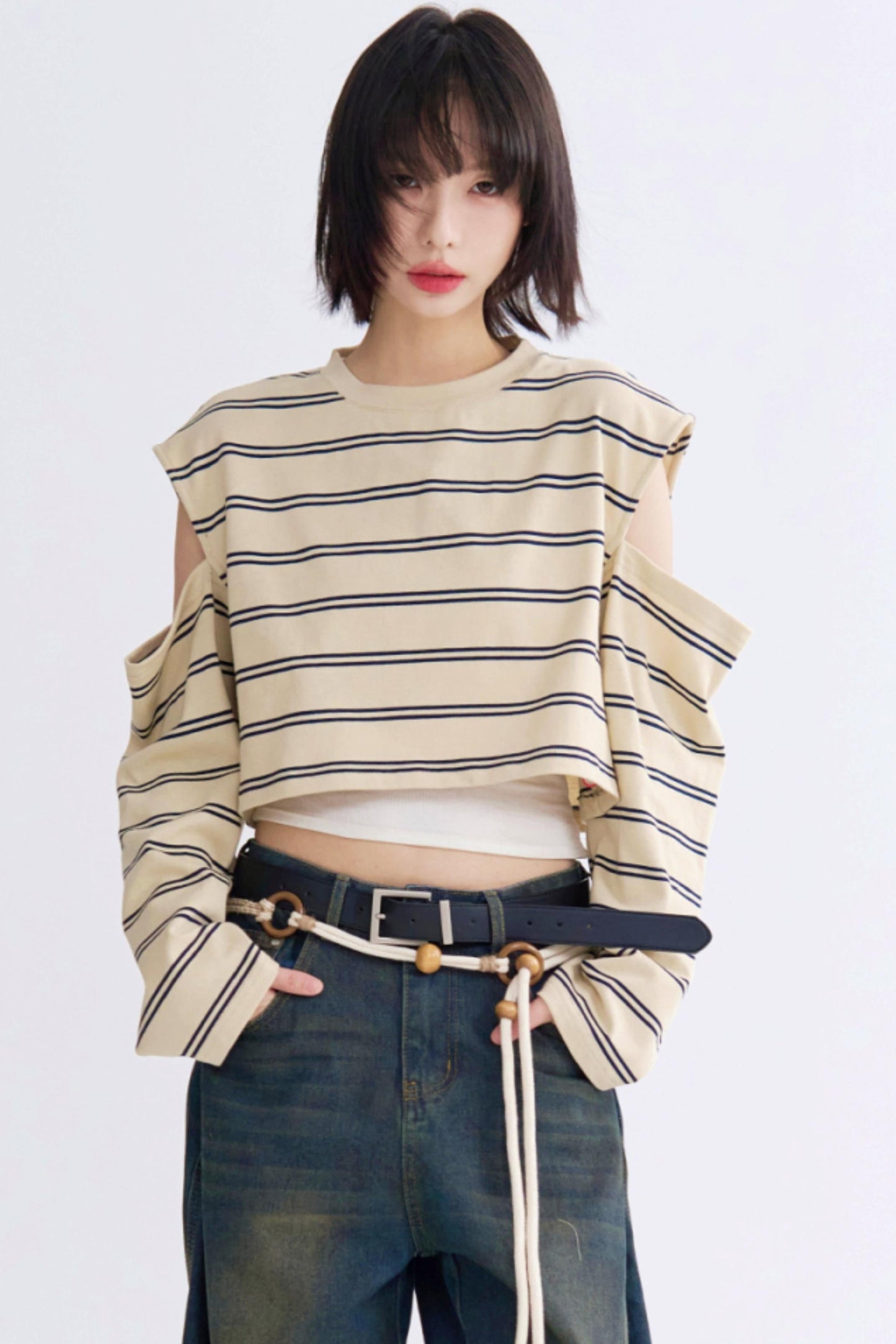 カジュアルスリーブロングTシャツストライプ