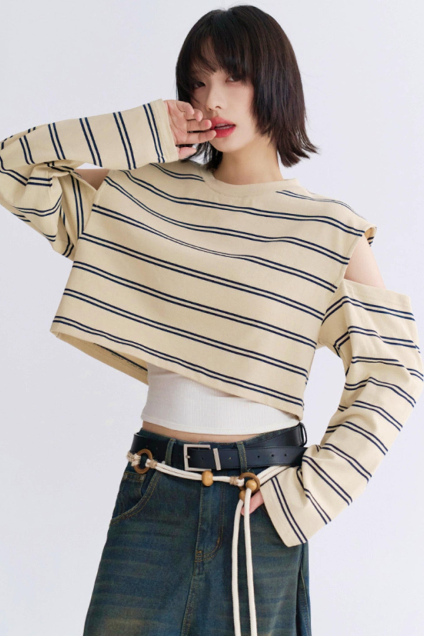 カジュアルスリーブロングTシャツストライプ