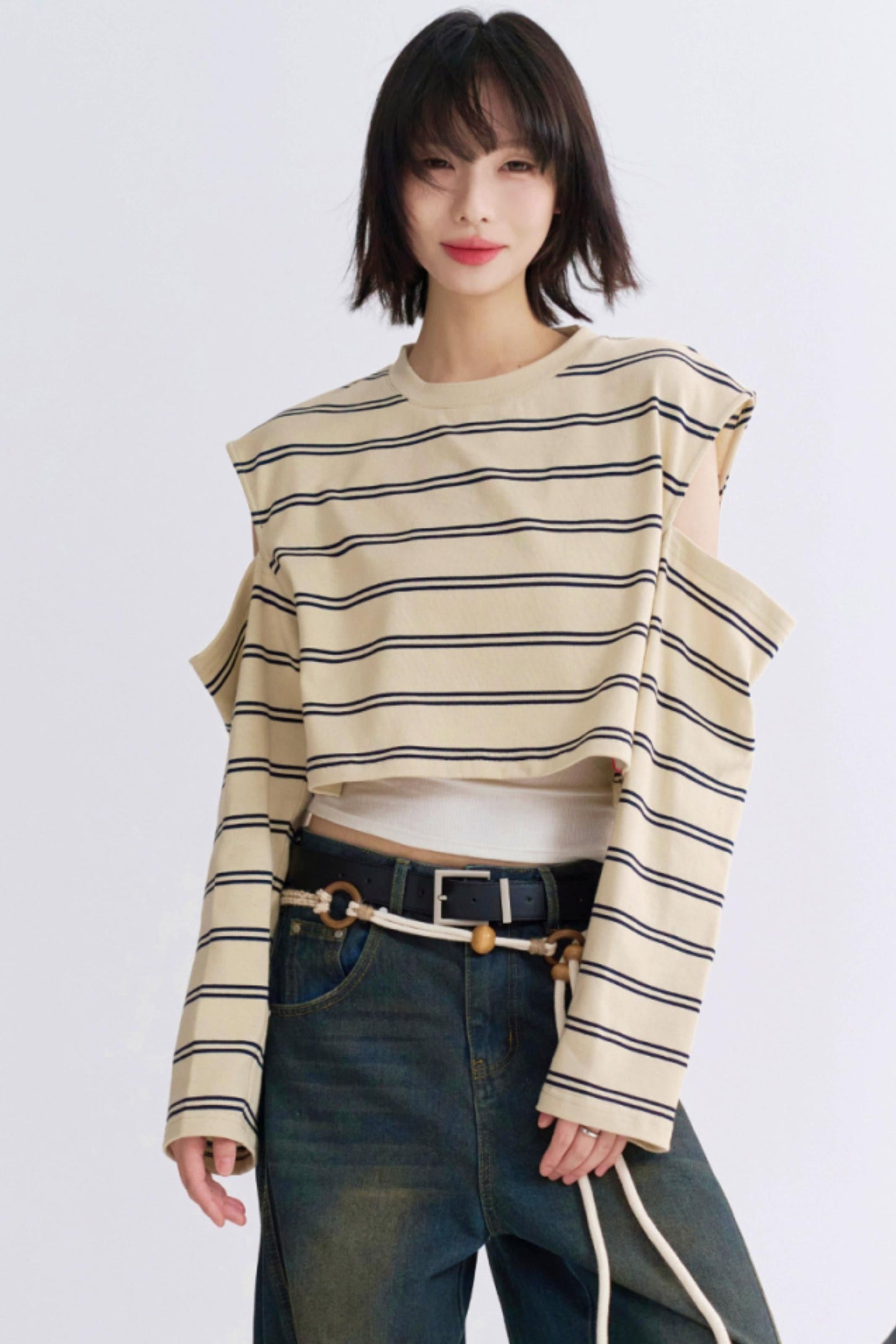 カジュアルスリーブロングTシャツストライプ