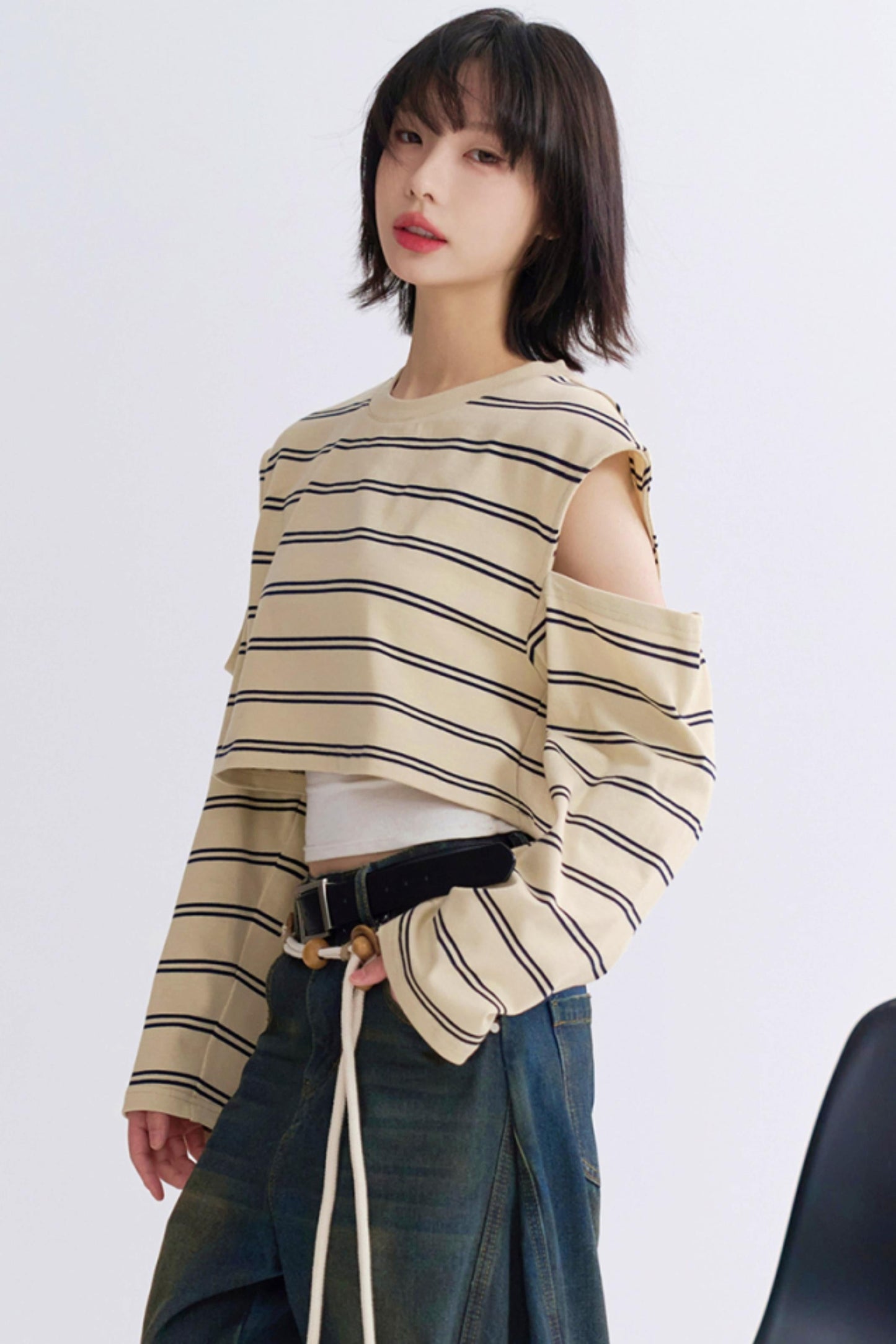 カジュアルスリーブロングTシャツストライプ