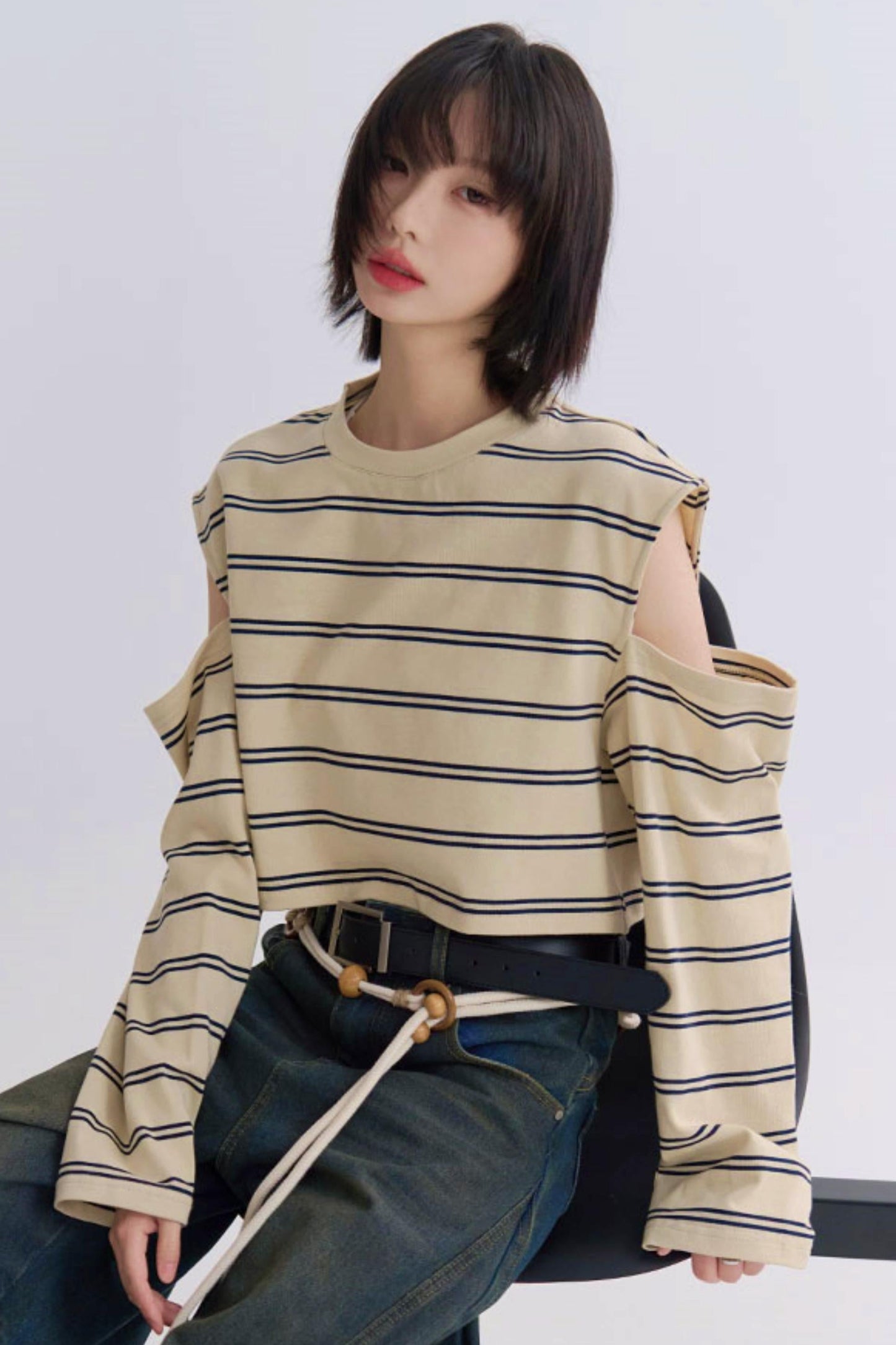 カジュアルスリーブロングTシャツストライプ