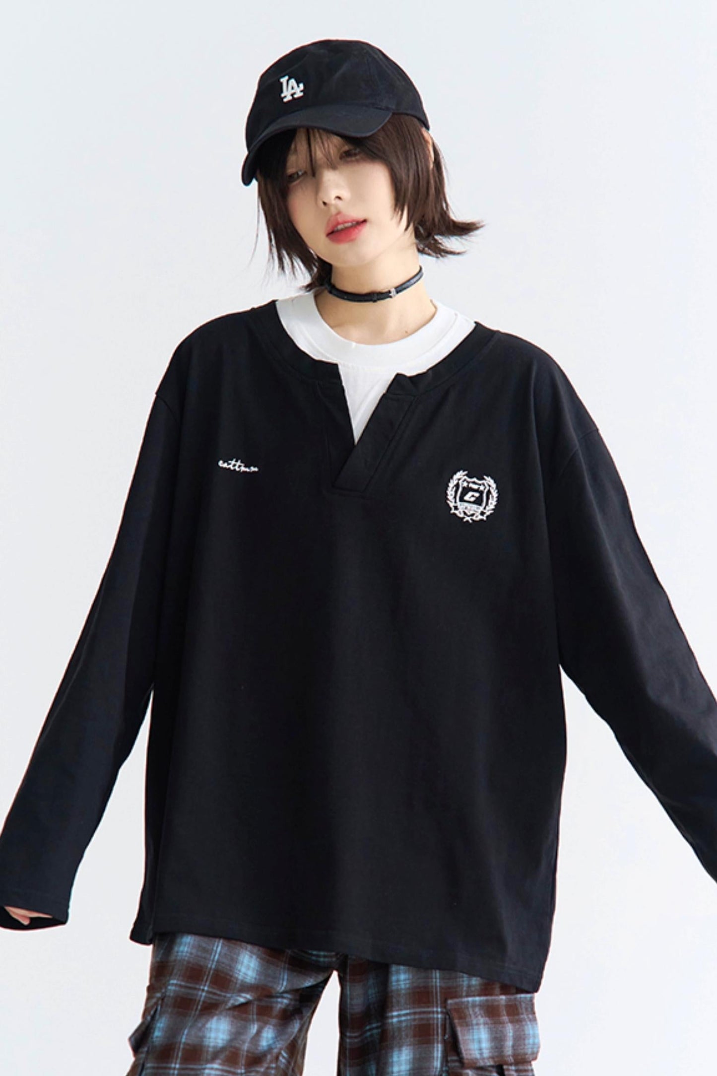 襟付きカラーブロック長袖シャツ