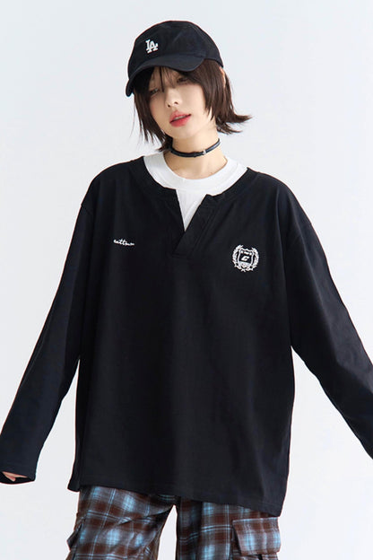 襟付きカラーブロック長袖シャツ